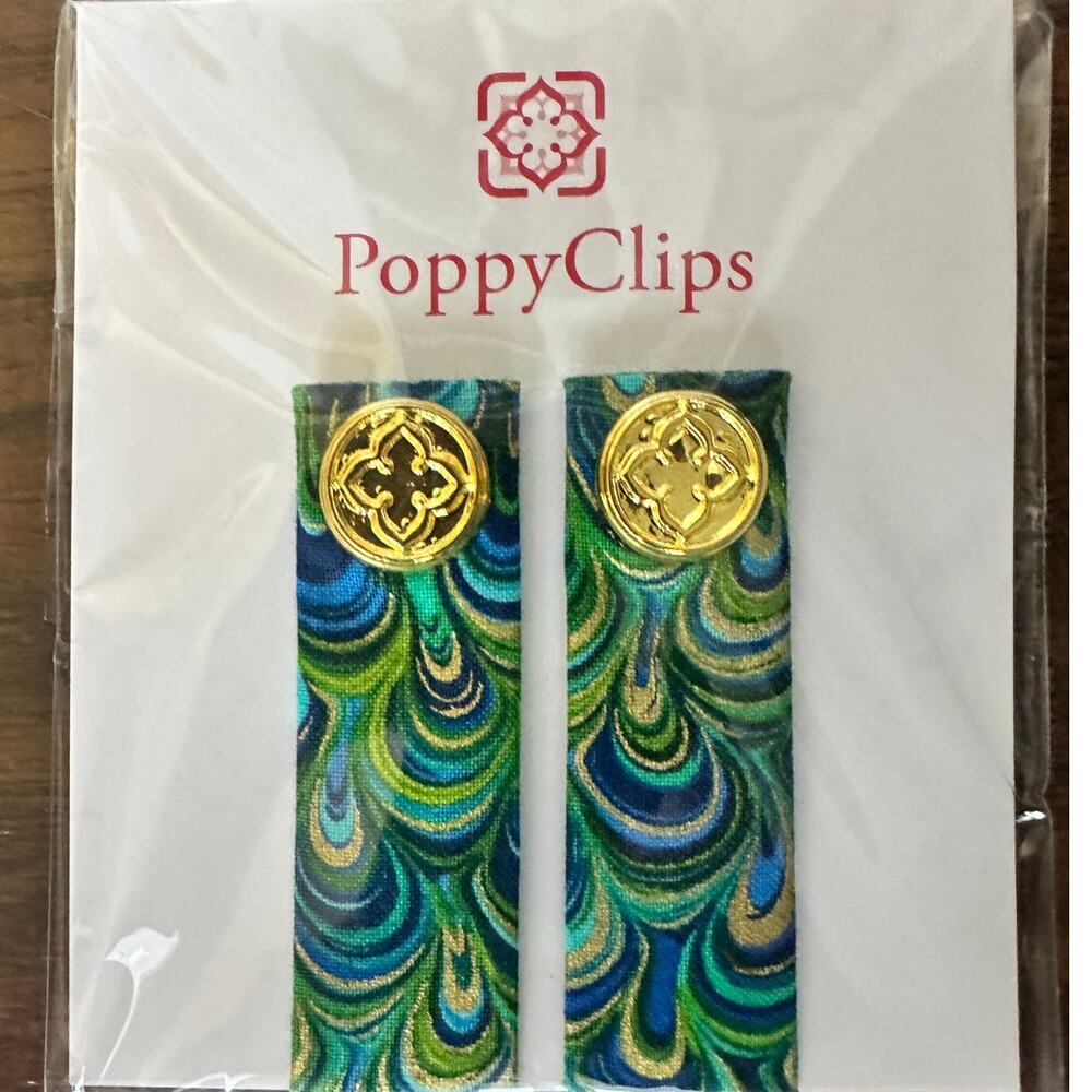 Green and Blue Peacock Print PoppyClips with Gold Button